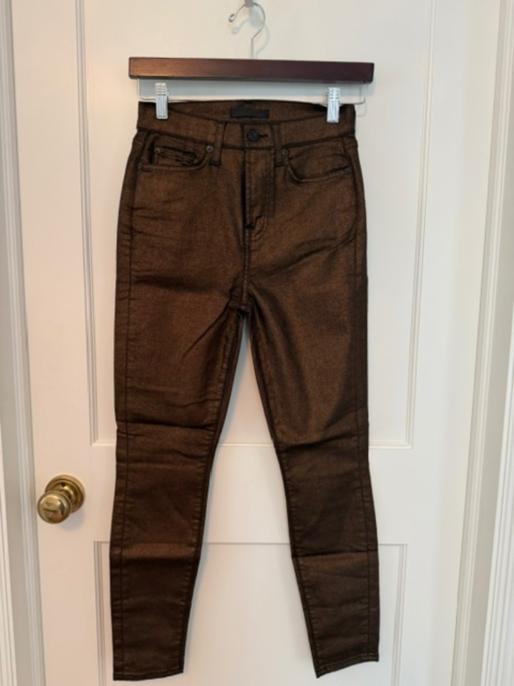 7 For All Mankind "High Waist Ankle Gwenevere" Metallic Coated Skinny Jeans